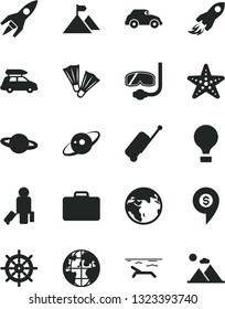 Solid Black Vector Icon Set - planet vector, retro car, space rocket, saturn, mountain flag, dollar pin, earth, baggage, air balloon, passenger, suitcase, rolling case, beach, starfish, flippers