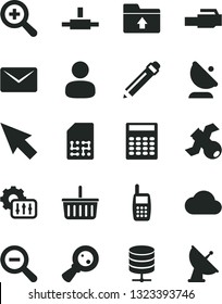 Solid Black Vector Icon Set - graphite pencil vector, grocery basket, zoom, out, upload folder, big data server, satellite antenna, SIM, magnifying glass, man, mobile phone, connect, lan connector