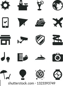 Solid Black Vector Icon Set - earth vector, air balloon, hang glider, plane, phone registration, hotel, arnchair under umbrella, sun, cocktail, disco ball, aquapark, camera, surveillance, shield