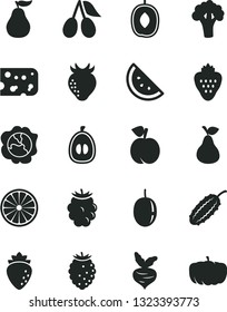 Solid Black Vector Icon Set - piece of cheese vector, strawberry, pear, orange slice, peach, squash, raspberry, cornels, blackberry, tasty, delicious plum, half loquat, passion fruit, ripe guava