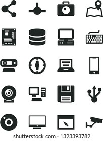 Solid Black Vector Icon Set - camera vector, laptop, keyboard, screen, smartphone, lens, connection, goal woman, computer, motherboard, web, usb, browser, connect, floppy, big data, map