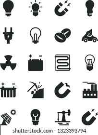 Solid Black Vector Icon Set - matte light bulb vector, incandescent lamp, heating coil, coffee beans, big solar panel, working oil derrick, coal mining, accumulator, battery, electric plug, eco car