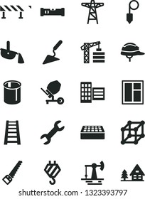 Solid Black Vector Icon Set - tower crane vector, hook, building trowel, concrete mixer, window, arm saw, stepladder, construction level, city block, helmet, brick, plummet, road fence, power pole
