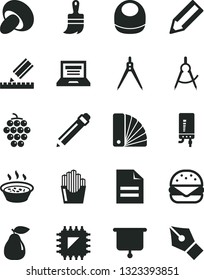 Solid Black Vector Icon Set - laptop vector, graphite pencil, scribbled paper, baby bib, color samples, wooden paint brush, drawing, electronic boiler, big burger, porcini, porridge in a saucepan