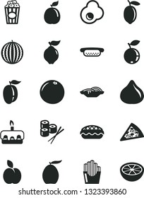 Solid Black Vector Icon Set - piece of pizza vector, mini hot dog, slices onion, torte, apple pie, fried potato, sushi set, cup popcorn, egg, quince, fig, blueberry, water melon, loquat, ripe plum