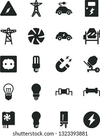Solid Black Vector Icon Set - concrete mixer vector, bulb, power socket type f, dangers, electronic boiler, light, line, pole, mercury, electric car, transport, fan, pc supply, electricity, magnet