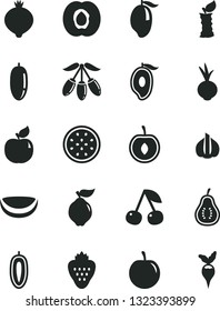 Solid Black Vector Icon Set - beet vector, strawberry, cherry, half apricot, quince, medlar, mango, of, goji berry, date fruit, tasty plum, sweet, passion, piece coconut, part guava, apple stub