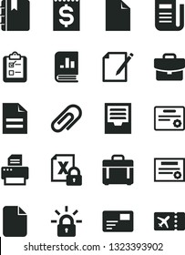 Solid Black Vector Icon Set - clip vector, clean sheet of paper, scribbled, archive, notebook, case, suitcase, pass card, notes, survey, financial item, book on statistics, newspaper, encrypting