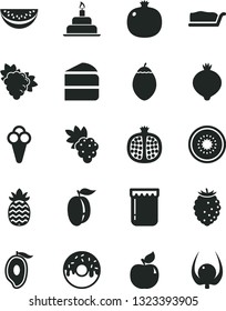Solid Black Vector Icon Set - birthday cake vector, piece of, slice, glazed with a hole, cone, jam, pomegranate, half, grape, branch, apricot, medlar, tasty raspberry, mango, water melon, ripe plum