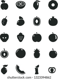 Solid Black Vector Icon Set - strawberry vector, peach, apple, pomegranate, quince, tasty, mulberry, slice of melon, mango, delicious plum, tangerine, half cherry, yellow lemon, ripe pineapple, stub