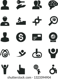 Solid Black Vector Icon Set - woman vector, women, workman, index finger, pass card, lens, dollar, dna, brain, bactery, artifical insimination, carrer stairway, man hold world, hands up, flying