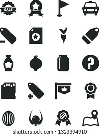 Solid Black Vector Icon Set - add label vector, remove, pennant, question, car, bottle, medlar, melon, physalis, radish, jar, vintage sign, sale, sd card, medal, star ribbon, certificate, map