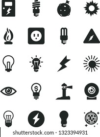Solid Black Vector Icon Set - incandescent lamp vector, power socket type b, lightning, dangers, eye, lens, bulb, light, energy saving, mercury, coastal lighthouse, electricity, flame, flag on moon