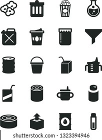 Solid Black Vector Icon Set - mug for feeding vector, measuring cup, powder, e, packing of juice with a straw, bucket, dust bin, unpacking, canned goods, tin, popcorn, coffe to go, jam, round flask