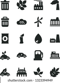 Solid Black Vector Icon Set - bin vector, drop, apple stub, leaves, gas station, wind energy, manufacture, oil, hydroelectric, hydroelectricity, industrial building, thermal power plant, factory