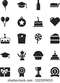 Solid Black Vector Icon Set - colored air balloons vector, balloon, birthday cake, heart, square academic hat, Easter, piece of, slice, torte, lollipop, Glass bottle, giftbox, gold cup, star, medal