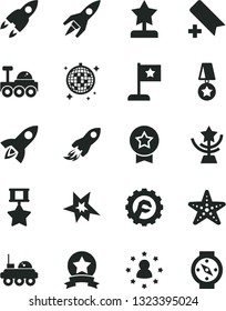 Solid Black Vector Icon Set - add bookmark vector, star gear, space rocket, lunar rover, bang, cup, reward, flag, medal, hero, ribbon, stars around man, disco ball, starfish, compass