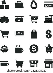 Solid Black Vector Icon Set - bank card vector, dollar, children's potty, cubes for children, cart, put in, crossed, kiosk, stick of sausage, cup tea, antique advertising signboard, purse, cash, bag