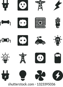 Solid Black Vector Icon Set - matte light bulb vector, power socket type b, f, lightning, fan screw, charge level, line, pole, plug, electric, energy saving, car, processor, resistor, electricity