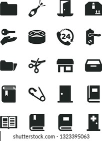 Solid Black Vector Icon Set - folder vector, book, open pin, e, door knob, ntrance, drawer, cardboard box, 24, canned goods, stall, arm with key, exit, grand opening, champagne, medical room