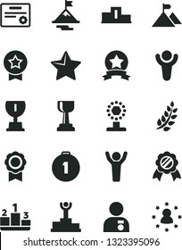 Solid Black Vector Icon Set - star vector, pedestal, medal, winner, laurel branch, podium, award, cup, gold, man hands up, with, motivation, mountain flag, first place, ribbon, certificate
