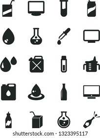 Solid Black Vector Icon Set - measuring cup for feeding vector, e, packing of juice with a straw, drop, screen, soda can, liquor, round flask, canister, oil, Glass bottle, monitor, test tube