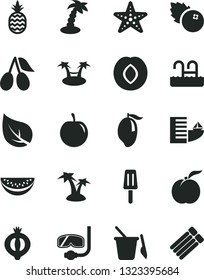 Solid Black Vector Icon Set - children's sand set vector, popsicle, blueberries, a pineapple, ripe peach, plum, cornels, half of medlar, mango, water melon slice, tasty, leaf, hotel, palm tree, pool