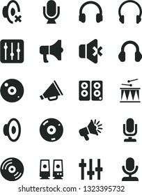 Solid Black Vector Icon Set - desktop microphone vector, horn, loudspeaker, silent mode, drumroll, headphones, CD, regulator, no sound, megaphone, pc speaker, settings