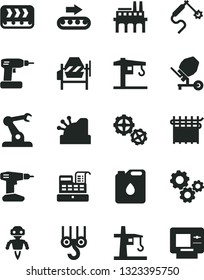Solid Black Vector Icon Set - crane vector, winch hook, gears, concrete mixer, cordless drill, industrial enterprise, conveyor, production, canister of oil, cloth industry, tower, gas welding, atm