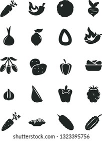 Solid Black Vector Icon Set - stick of sausage vector, slices onion, lettuce in a plate, cabbage, cucumber, chili, peper, garlic, carrot, quince, blackberry, goji berry, ripe pepper, hot, potato