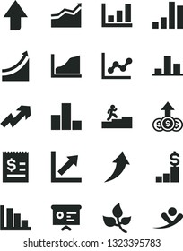 Solid Black Vector Icon Set - upward direction vector, growth up, bar chart, graph, positive histogram, leaves, article on the dollar, financial report, carrer stairway, arrow, pedestal, flying man