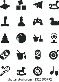Solid Black Vector Icon Set - paper airplane vector, rubber duck, bath ball, stacking toy, roly poly doll, tumbler, sand set, children's, yule, rocking horse, small, cubes for children, joystick