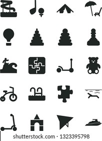 Solid Black Vector Icon Set - stacking rings vector, toy, small teddy bear, box of bricks, child bicycle, Kick scooter, Puzzle, Puzzles, pawn, air balloon, hang glider, tent, beach, pool, aquapark