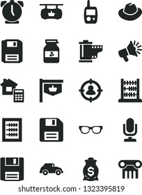 Solid Black Vector Icon Set - desktop microphone vector, floppy disk, hat, camera roll, new abacus, toy mobile phone, estimate, alarm clock, jar of jam, retro car, vintage sign, man in sight, column
