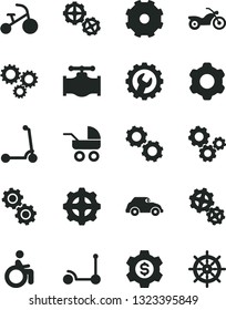 Solid Black Vector Icon Set - truck lorry vector, baby carriage, tricycle, Kick scooter, child, gears, cogwheel, gear, valve, retro car, three, dollar, motorcycle, disabled, handwheel