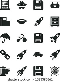 Solid Black Vector Icon Set - floppy disk vector, spectacles, hat with glasses, camera roll, bedside table, tricycle, abacus, umbrella, plate, modern gas station, retro car, rocket, space