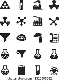 Solid Black Vector Icon Set - round flask vector, manufacture, factory, barrel, industrial building, radiation, carbon dyoxide, filter, water, research article, test tube, molecule, nuclear