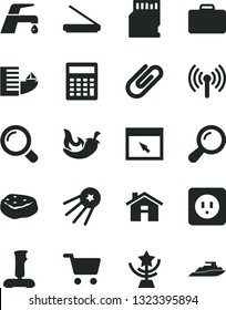 Solid Black Vector Icon Set - house vector, calculator, power socket type b, faucet mixer, magnifier, clip, piece of meat, chili, shopping cart, scanner, browser, wireless, joystick, sd card, zoom