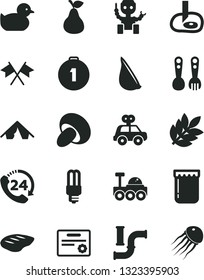Solid Black Vector Icon Set - baby duckling vector, motor vehicle present, plastic fork spoons, 24, porcini, chop, garlic, jam, pear, water pipes, mercury light bulb, artifical insimination, robot