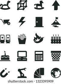 Solid Black Vector Icon Set - lightning vector, wicker pot, upward direction, calculator, rocking horse, small, building trolley, sample of colour, ntrance door, radiator, cake, French fries, magnet