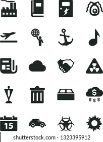 Solid Black Vector Icon Set - bin vector, building block, dangers, calendar, anchor, industrial, retro car, hand shake, morning paper, note, cloud, nuclear, bactery, book, biohazard, man hold world