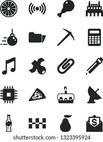 Solid Black Vector Icon Set - graphite pencil vector, big core, ceramic tiles, music, clip, piece of pizza, torte, chicken leg, bottle soda, half orange, ripe guava, industrial factory, cpu, folder