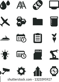 Solid Black Vector Icon Set - Tumbler Vector, Ladder, Jam, Honeycombs, Radish, Drop, Assembly Robot, Agenda, Monitor, Folder, Sd Card, Schedule Clock, Bulb, Clipboard, Growth Arrows, Plane, Sun