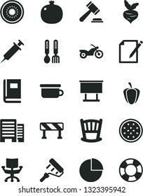 Solid Black Vector Icon Set - hammer of a judge vector, pie chart, cradle, children's potty, iron fork spoons, paint roller, buildings, traffic signal, notes, pomegranate, half kiwi, passion fruit
