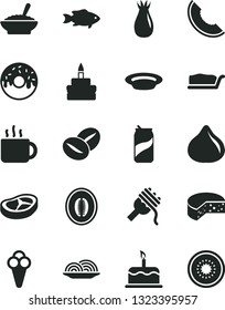 Solid Black Vector Icon Set - cake vector, cheese, onion, spaghetti, slice, birthday, glazed with a hole, bowl of buckwheat porridge, plate, bacon, coffee beans, fish, cup tea, soda can, cone, fig