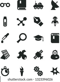 Solid Black Vector Icon Set - book vector, e, square academic hat, test tube, molecule, glasses, zoom, gears, satellite, pipette, scientist, robot, sun panel, antenna, lunar rover, stopwatch, bang