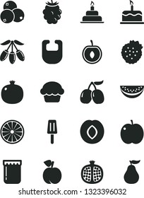 Solid Black Vector Icon Set - bib vector, birthday cake, popsicle, jam, strawberries, peach, apple, pomegranate, half, plum, blackberry, blueberries, tasty cornels, goji berry, water melon slice