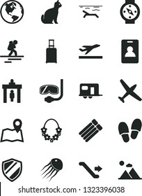 Solid Black Vector Icon Set - earth vector, plane, camper, backpacker, escalator, identity card, security gate, rolling suitcase, departure, beach, hawaii wreath, diving mask, pets, map, shield