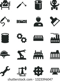 Solid Black Vector Icon Set - workman vector, concrete mixer, building level, helmet, brick, putty knife, working oil derrick, barrel, hydroelectricity, industrial, factory, gear, pipes, welding