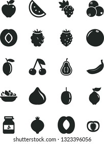 Solid Black Vector Icon Set - a plate of fruit vector, jar jam, orange slice, cherry, grape, quince, red apple, plum, fig, medlar, blackberry, tasty raspberry, blueberries, half peach, passion